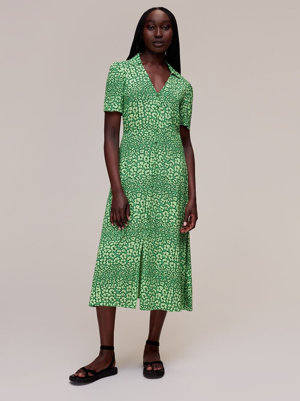 Whistles Green Printed Short-Sleeve Leopard Petals Midi Dress Size 6